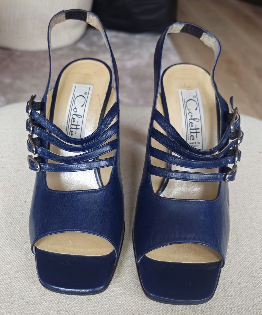 Vintage Collette Italy Navy Blue Leather Strappy Buckle Heels 36.5 Slingback Y2K